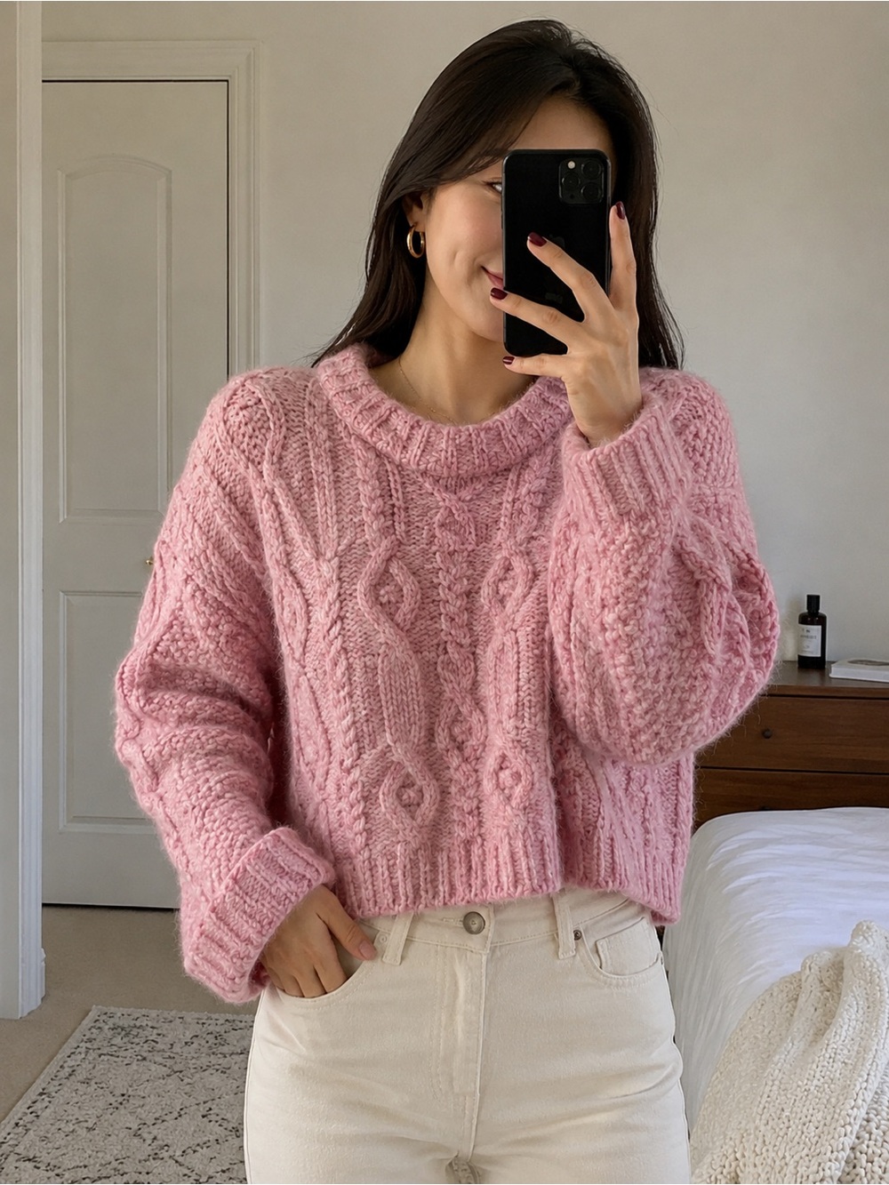 P OVERTAKE Korean Brand Pink Cable Knit Cropped Sweater